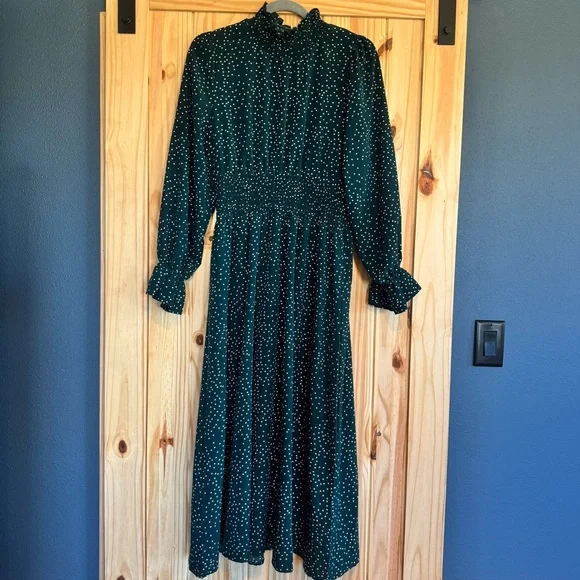 Green & White Long Sleeve High Neck Polka Dot Dress Size Large - Picture 11 of 12